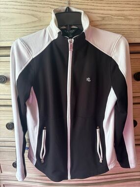 Lauren Ralph Lauren Colorblock Zip-Up Track Jacket Black White Size M Preppy